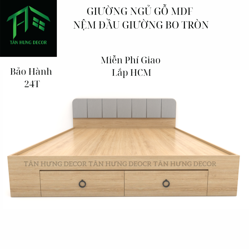 [FREESHIPHCM] Giường ngủ cao nệm bo tròn gỗ MDF phủ melamine cứng cáp lắp ráp dễ dàng