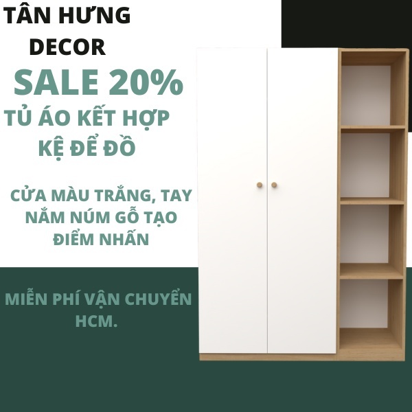 [ FREESHIPHCM] TỦ ÁO GỖ MDF 2 CÁNH MỞ KẾT HỢP KỆ TRANG TRÍ