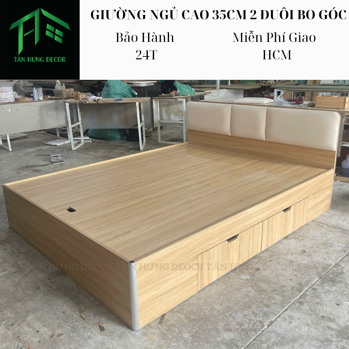 [FREESHIPHCM] GIƯỜNG NGỦ CAO 35CM HAI ĐUÔI BO GÓC GỖ MDF PHỦ MELAMINE XƯƠNG SẮT CỨNG CÁP